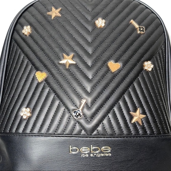 BEBE Hayden Backpack Black Gold Crystal Jeweled Embellishments Vegan Leather - Picture 3 of 14